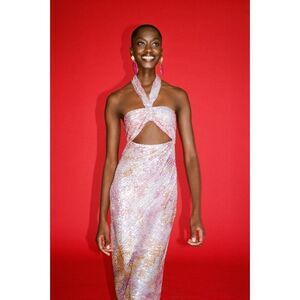Zara Womens Sequin Halter Neck Dress XL Pink Knot Cocktail 8071/770 NWD
